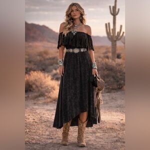 Y2K,Young Threads,YOUNG87, Black Fringe  Western Festival Dress,Nashville Size S